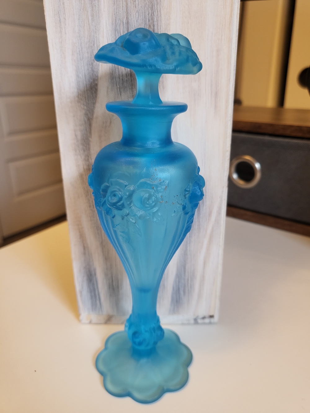 Vintage Blue Satin Frosted Glass Perfume Bottle with Rose Floral Relief